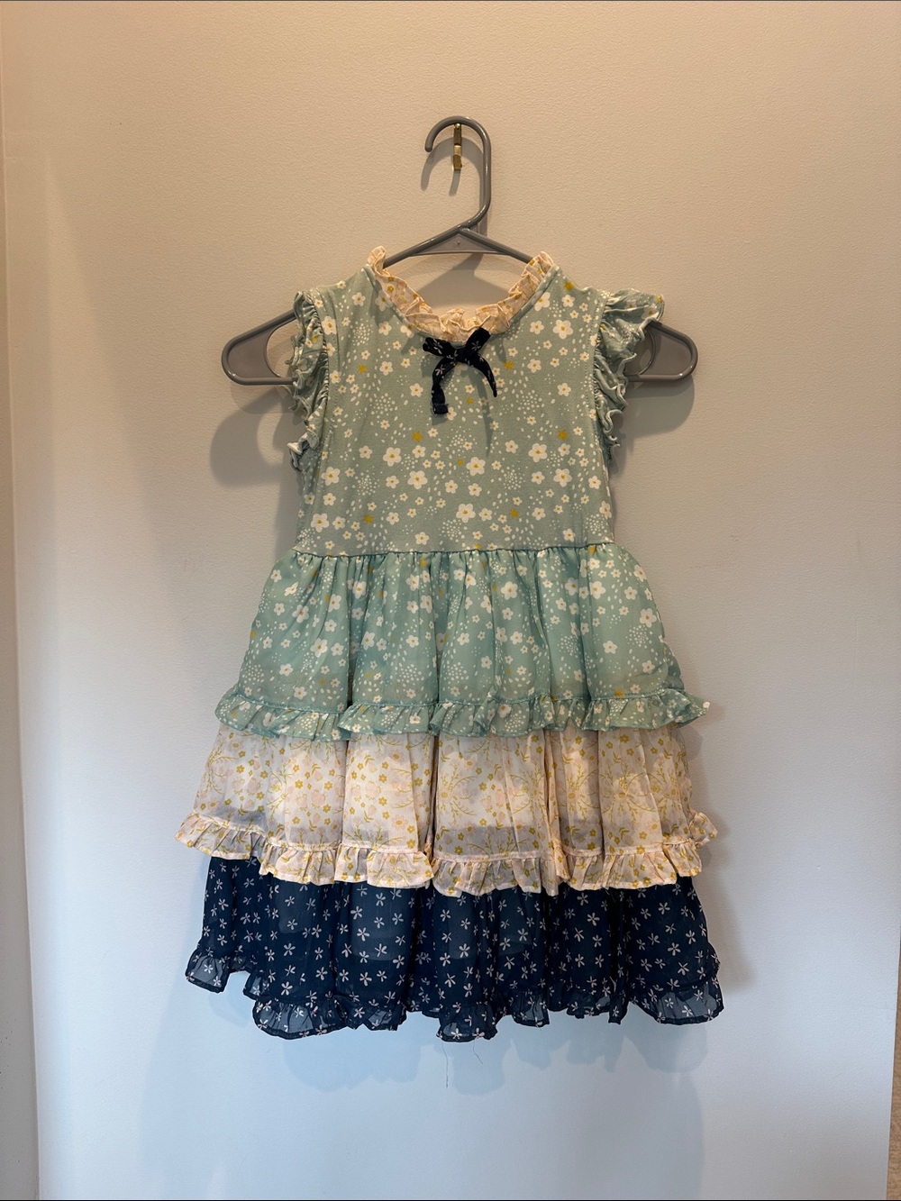 Only Little Once Girls Layered Floral Ruffle Dress - Mint, Cream & Navy